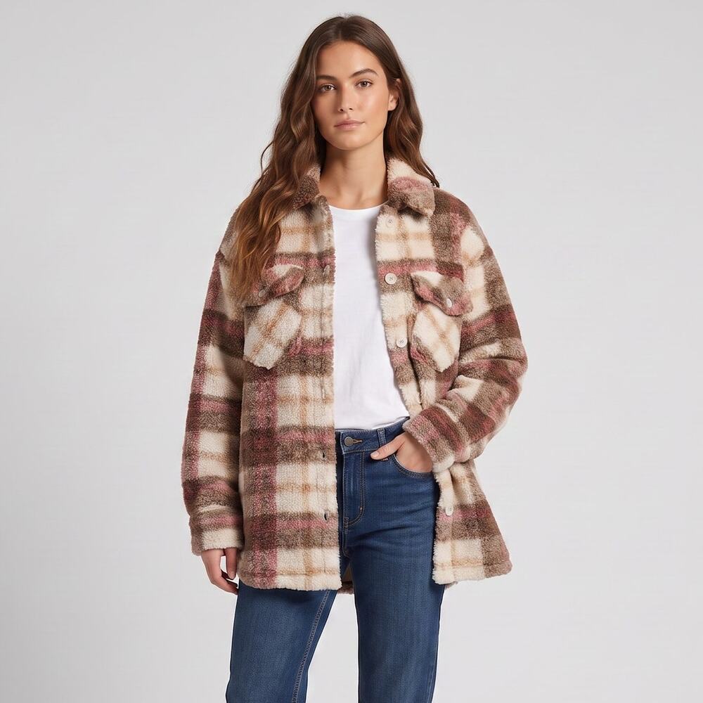 Steve Madden BB Dakota Plaid Fleece Shacket Jacket Small Brown Boxy Cozy Fall
